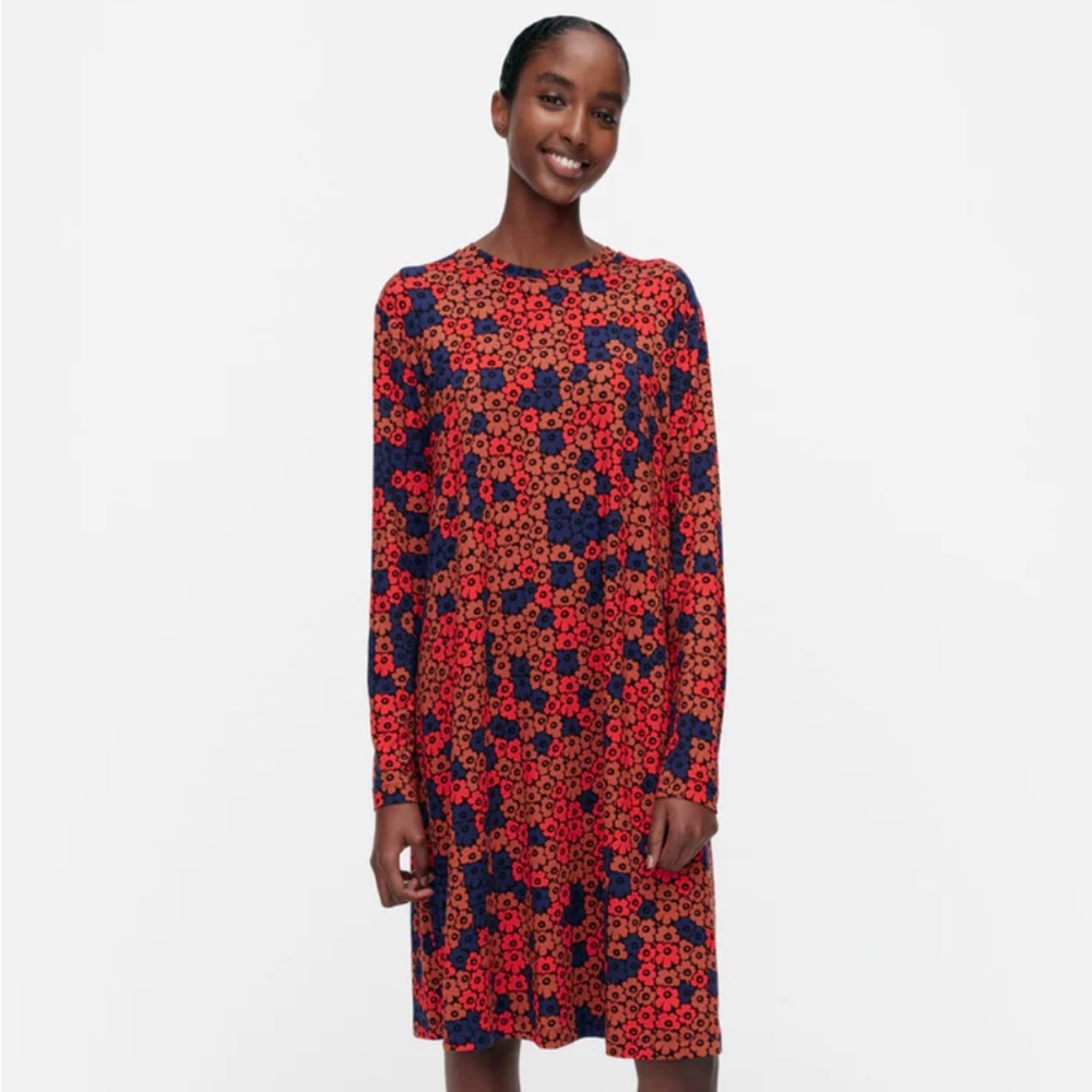 Marimekko Terassi Unikko Red and Blue Floral Long Sleeve Dress